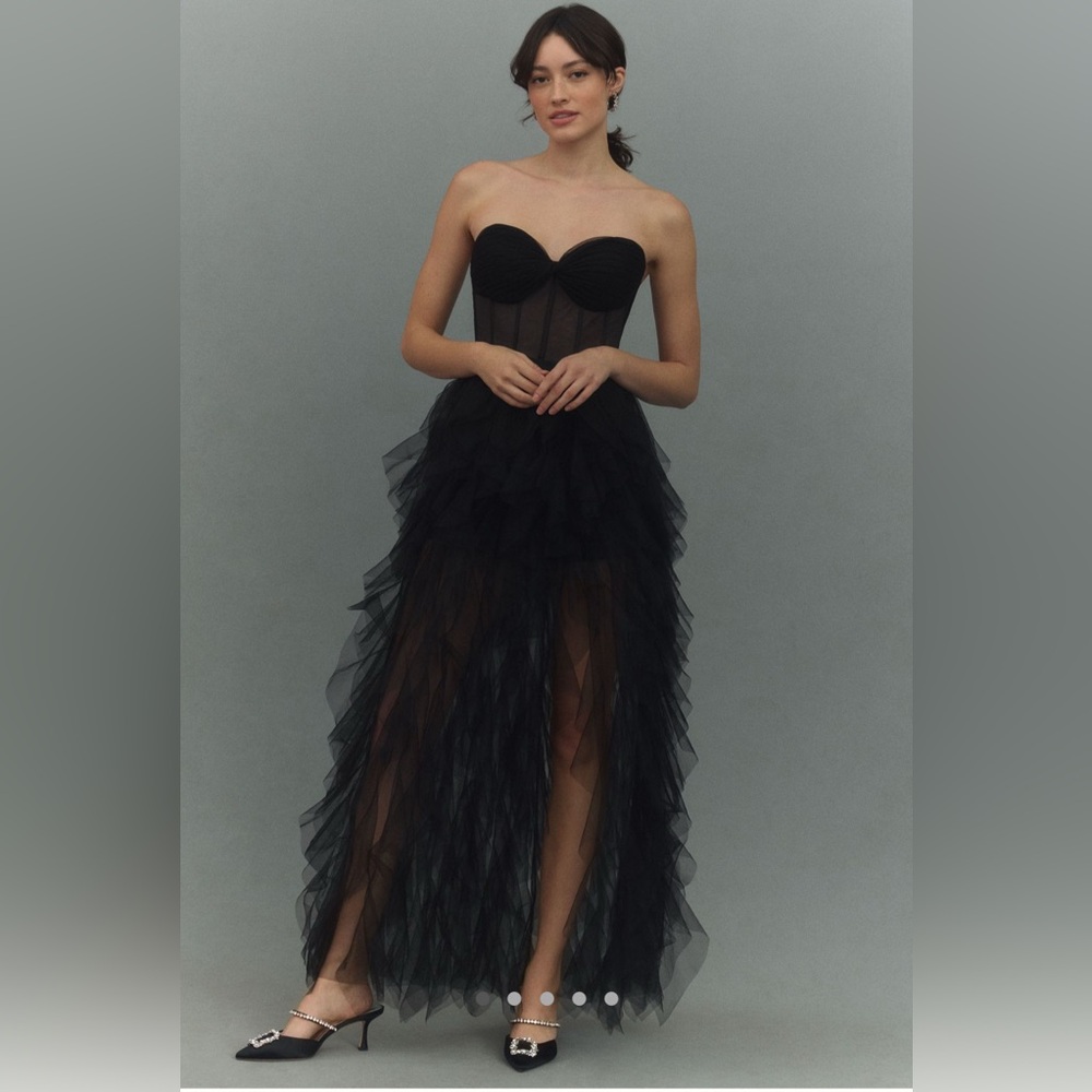 Mac Duggal Black Strapless Dress with Tulle Overlay